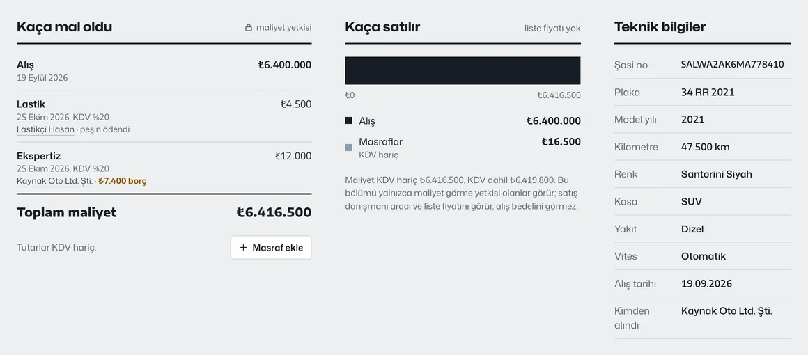 Masraflı bir aracın maliyet dökümü: Range Rover Sport, alışa eklenen lastik (peşin) ve ekspertiz (veresiye) masrafları, KDV hariç ve dahil toplam maliyet, kâr merdiveni.