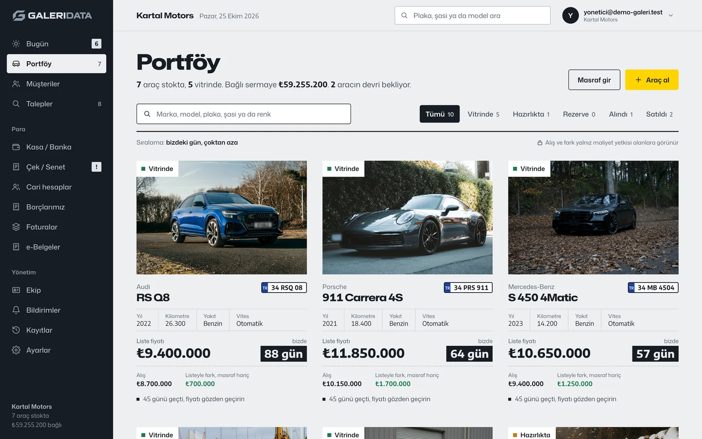 Portföy: fotoğraflı araç kataloğu, durum sekmeleri, her kartta liste fiyatı ve bizde geçen gün sayısı; Audi RS Q8 88 gün, Porsche 911 64 gün, Mercedes S 450 57 gün.