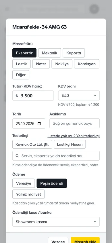 Telefonda Masraf ekle penceresi, 34 AMG 63: masraf türü Ekspertiz, tutar 3.500 ₺, KDV %20, ödeme Peşin ödendi, kasa Showroom kasası.